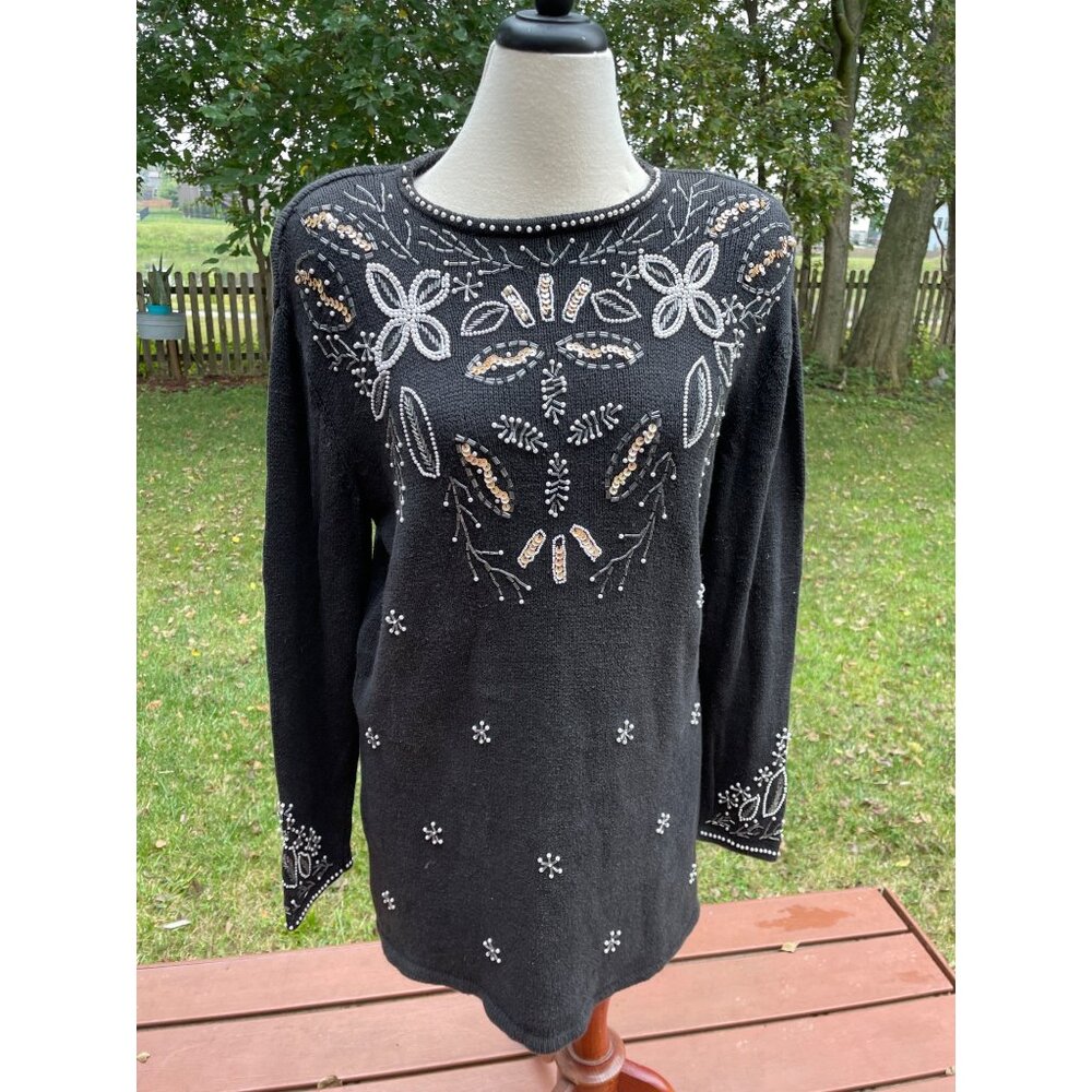 Beaded Tunic Sweater M Black With Embellished Floral Pattern Ramie & Cotton Wome